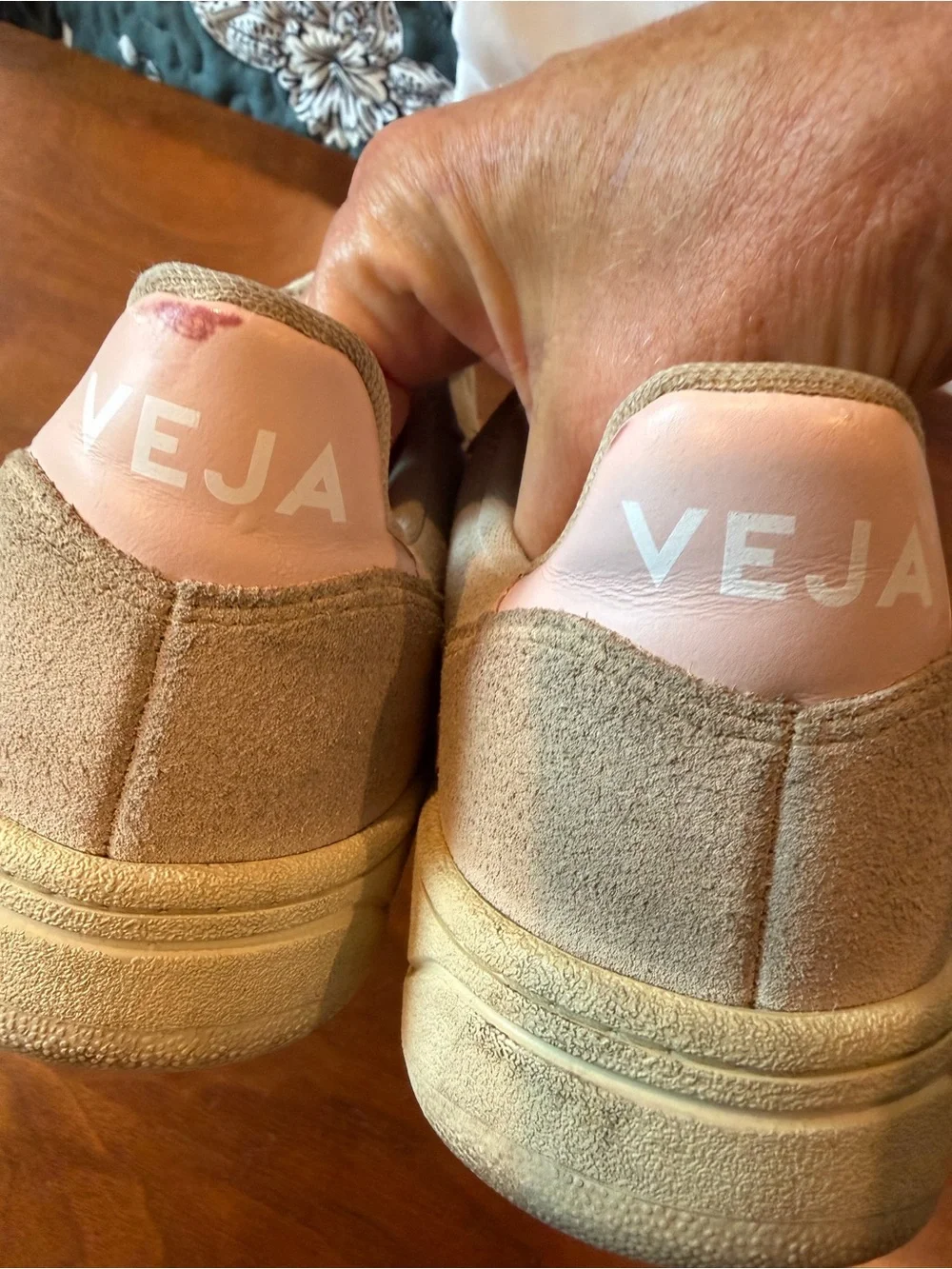 Veja Beige Suede Sneakers with Coral Logo Accent